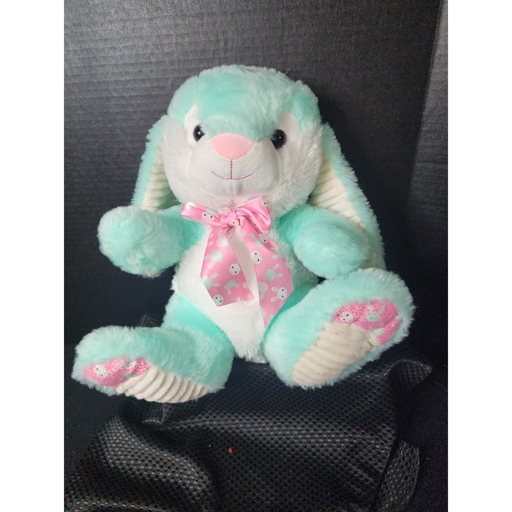HugFun International Teal Easter Bunny Plush Long White Lined Long Ears 12" NWOT